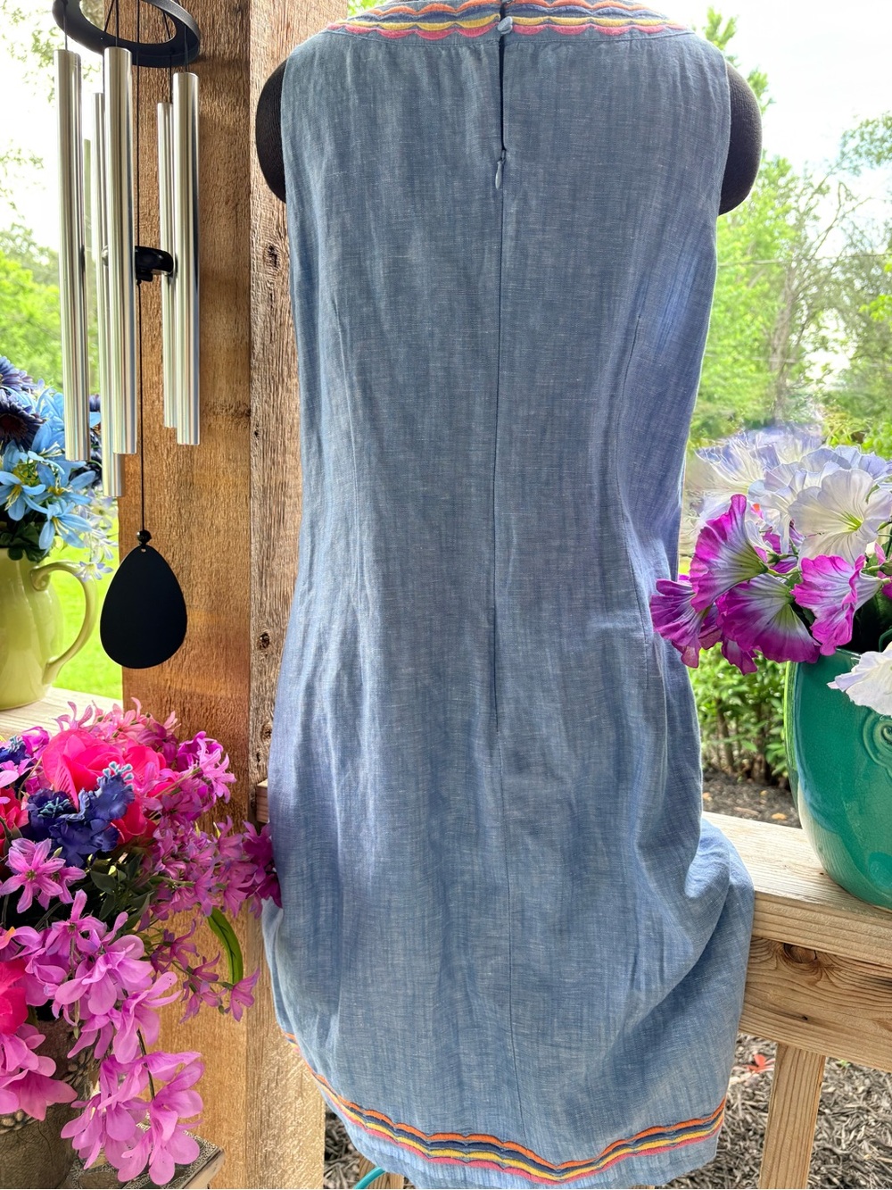 Talbots Blue Linen Sleeveless Sheath Dress w Multi-Color Embroidered Trim - Picture 5 of 7